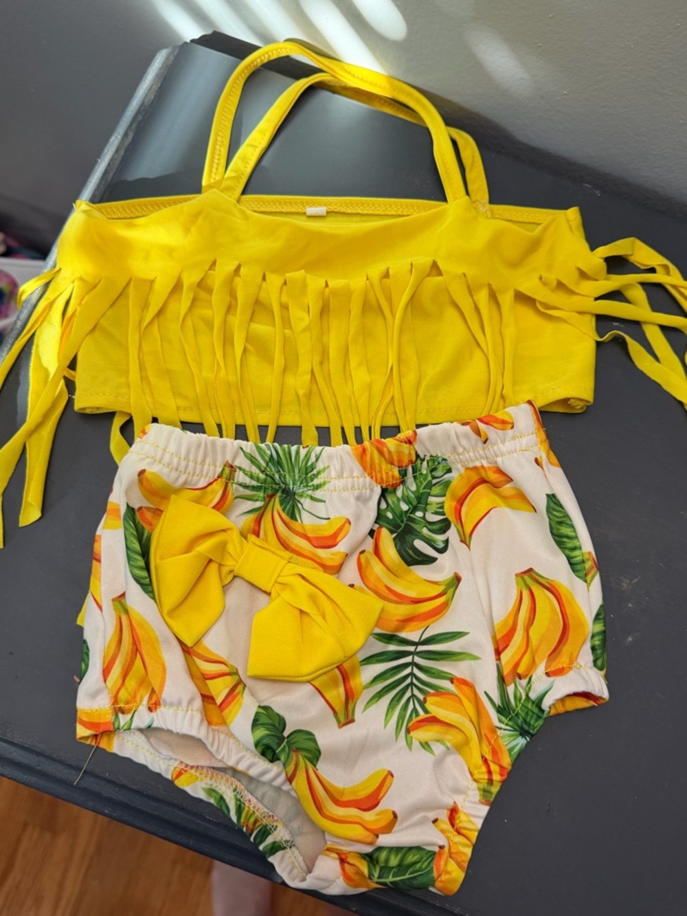 Yellow Fringe Bikini Top and Banana-Print Shorts Swim Set for Kids